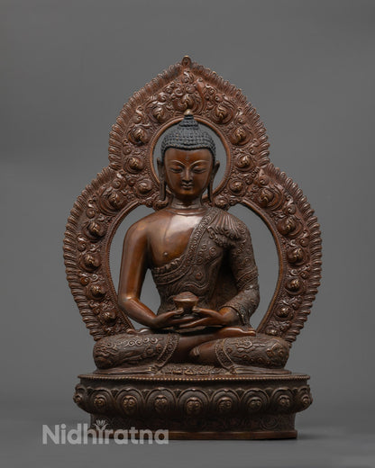  Oxidized Amitabha Buddha Statue – 32cm Handcrafted Copper with Intricate Robe and Bowl