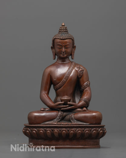 Oxidized Amitabha Buddha Statue front view with detailed robe and monk's bowl