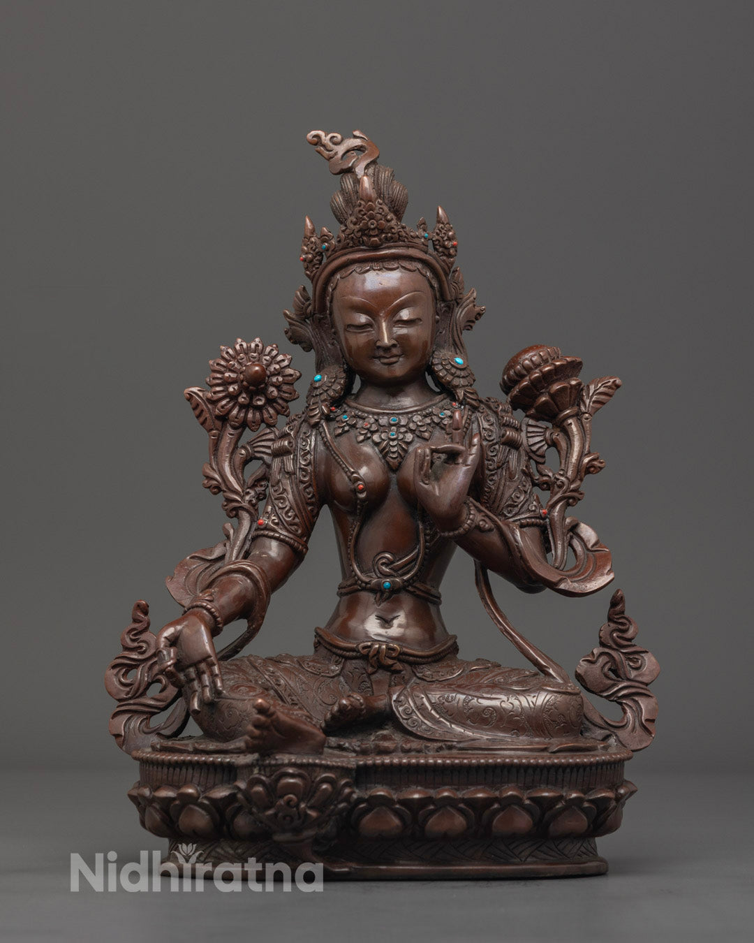 Oxidized Copper Green Tara Statue with detailed carvings and semi-precious stones