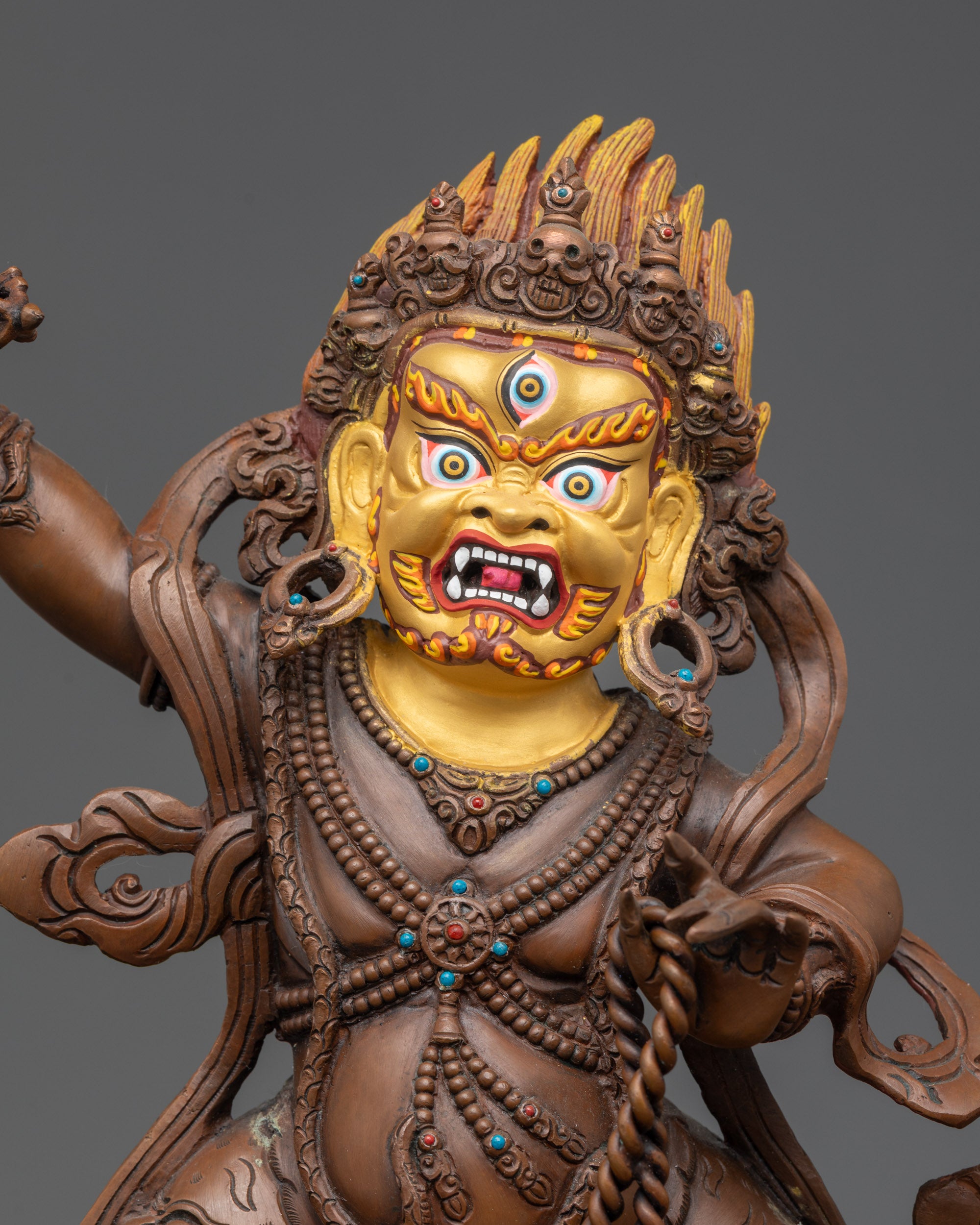 Oxidized Copper Vajrapani Statue with Gold-Gilded Face and Third Eye