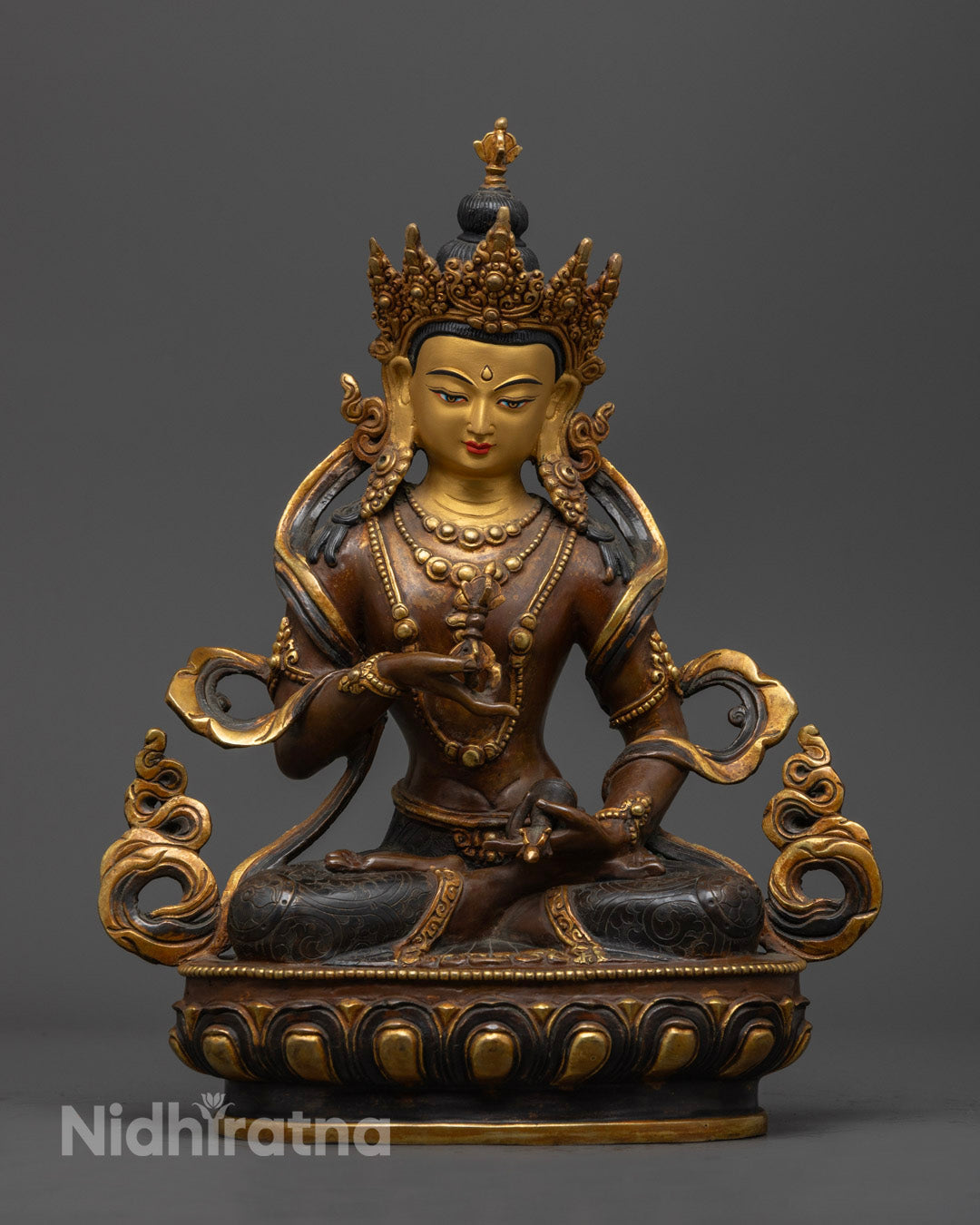 Oxidized Copper Vajrasattva Buddha Statue with Gold-Gilded Face and Intricate Robe Carvings
