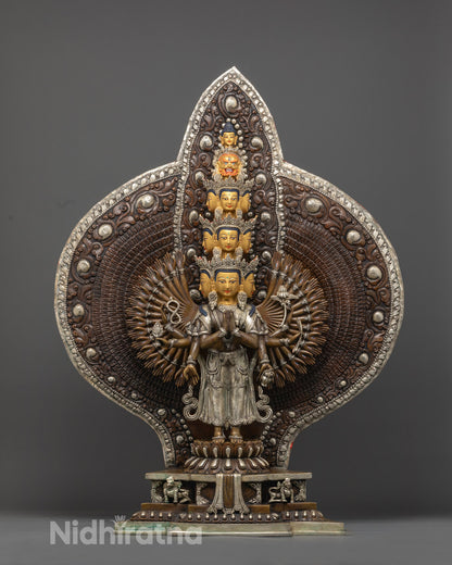 Oxidized Silver 1000 Armed Avalokiteshvara Statue with gold-gilded face and intricate hand-carved details