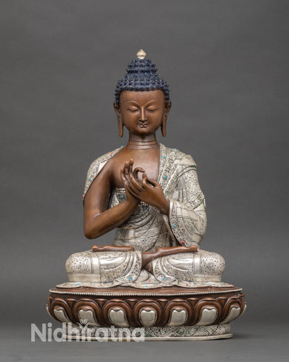 Oxidized Vairocana Buddha copper statue with silver plating, handmade Himalayan Buddhist art Nepal