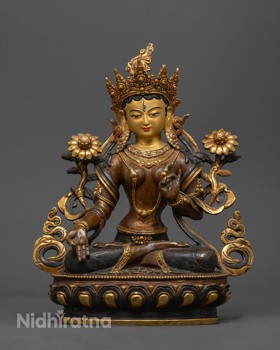 Oxidized White Tara Statue with gold-gilded face, seven symbolic eyes, and detailed gold-plated finishing.