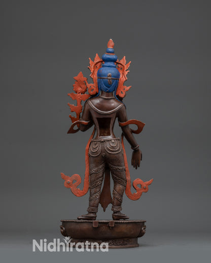 Oxidized copper Standing Chenrezig statue semi-precious stones flowing robes Buddhist altar

