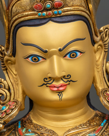 Detailed close-up of Padmasambhava face, semi-wrathful expression, gold-painted features, Tibetan iconography