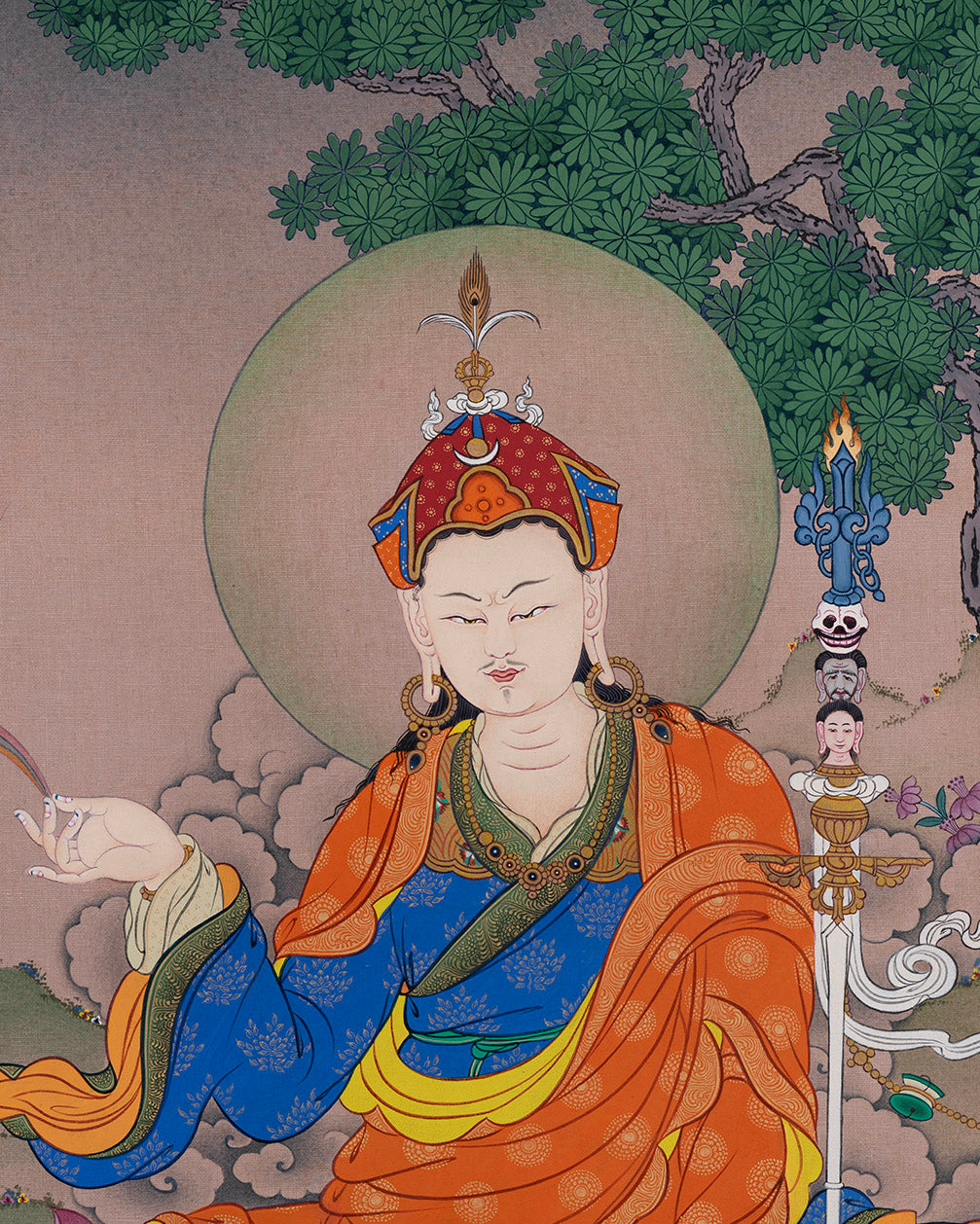 Padmasambhava art print in lotus crown holding spiritual symbols.
