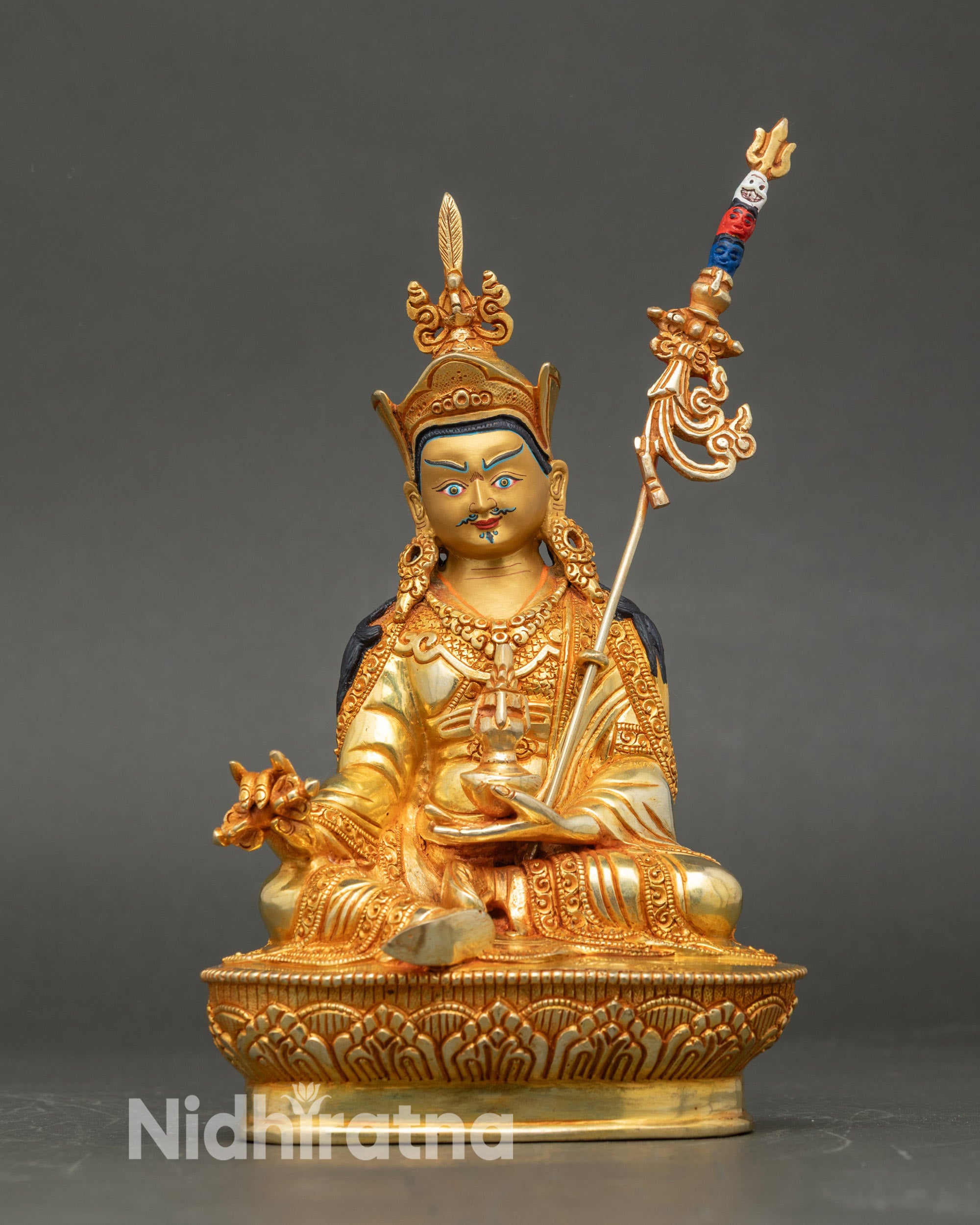 Padmasambhava statue on lotus seat, handcrafted copper with 24K gold fire-gilding