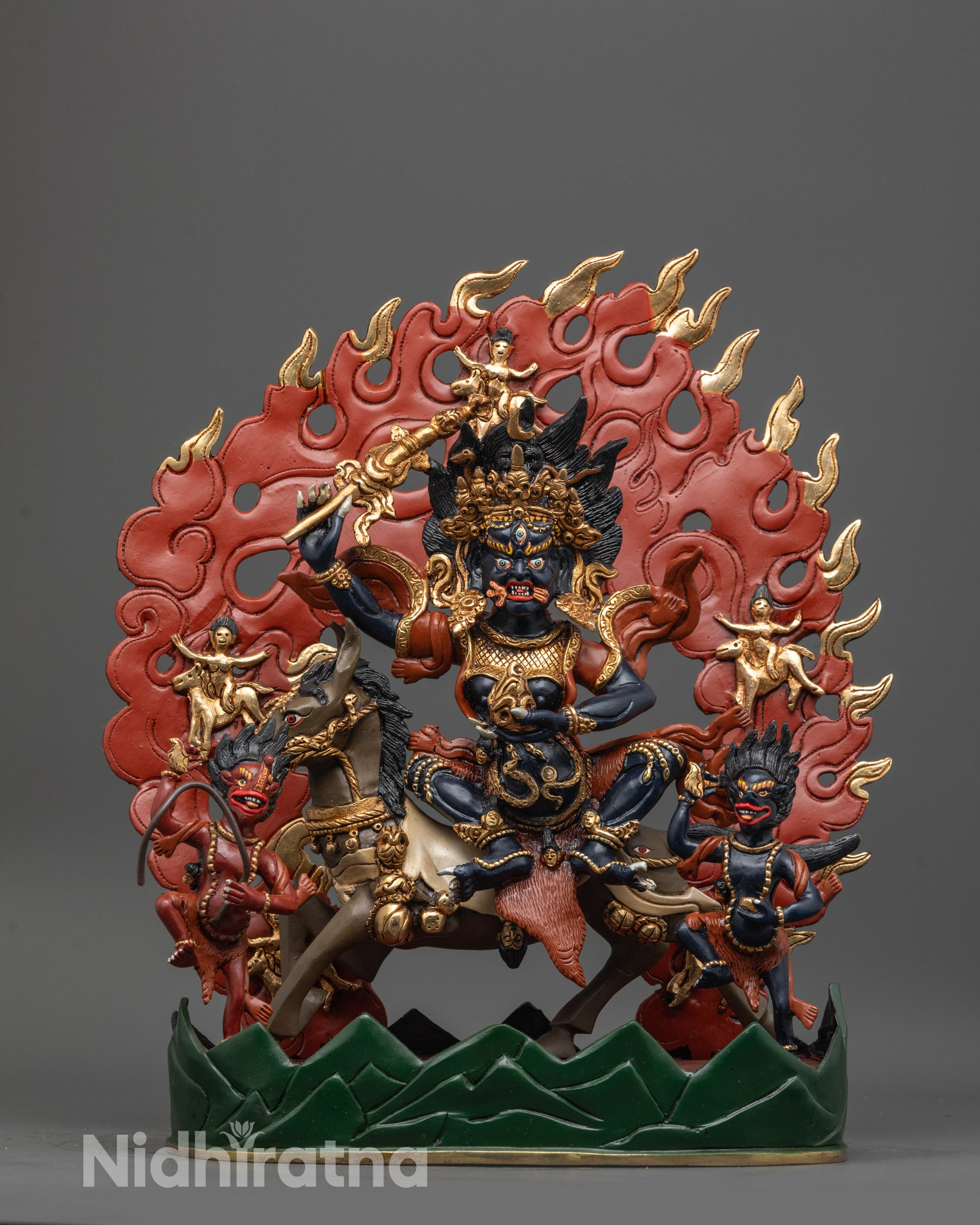 Palden Lhamo Statue front view with gold-plated robe and black-hued body
