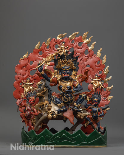 Palden Lhamo Statue front view with gold-plated robe and black-hued body
