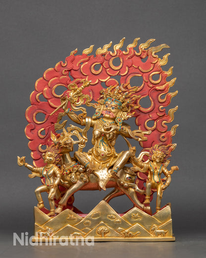 Palden Lhamo altar statue, 24K gold fire-gilded Nepalese protector deity riding mule