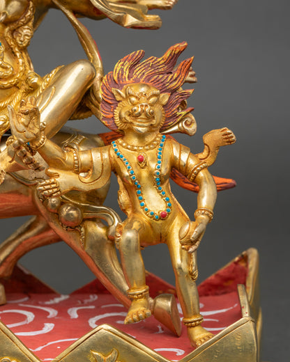 Palden Lhamo holding skull cup and khatvanga staff, detailed Himalayan ritual art