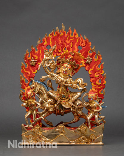 Palden Lhamo meditation statue riding mule, handcrafted Nepalese protector goddess