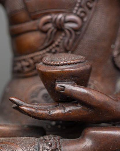 Patra bowl close-up view, Shakyamuni Buddha holding offering bowl, handcrafted oxidized copper