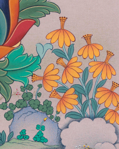 Peaceful background of Green Tara Thangka print with hills, flowers, and spiritual harmony