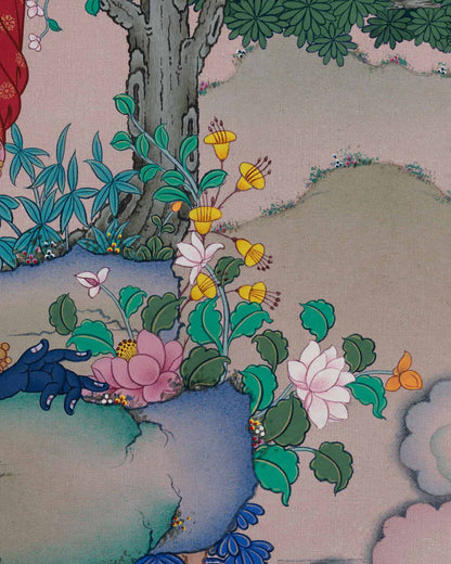 Peaceful landscape with trees lotuses and flowers surrounding Vajrapani in Tibetan Thangka art