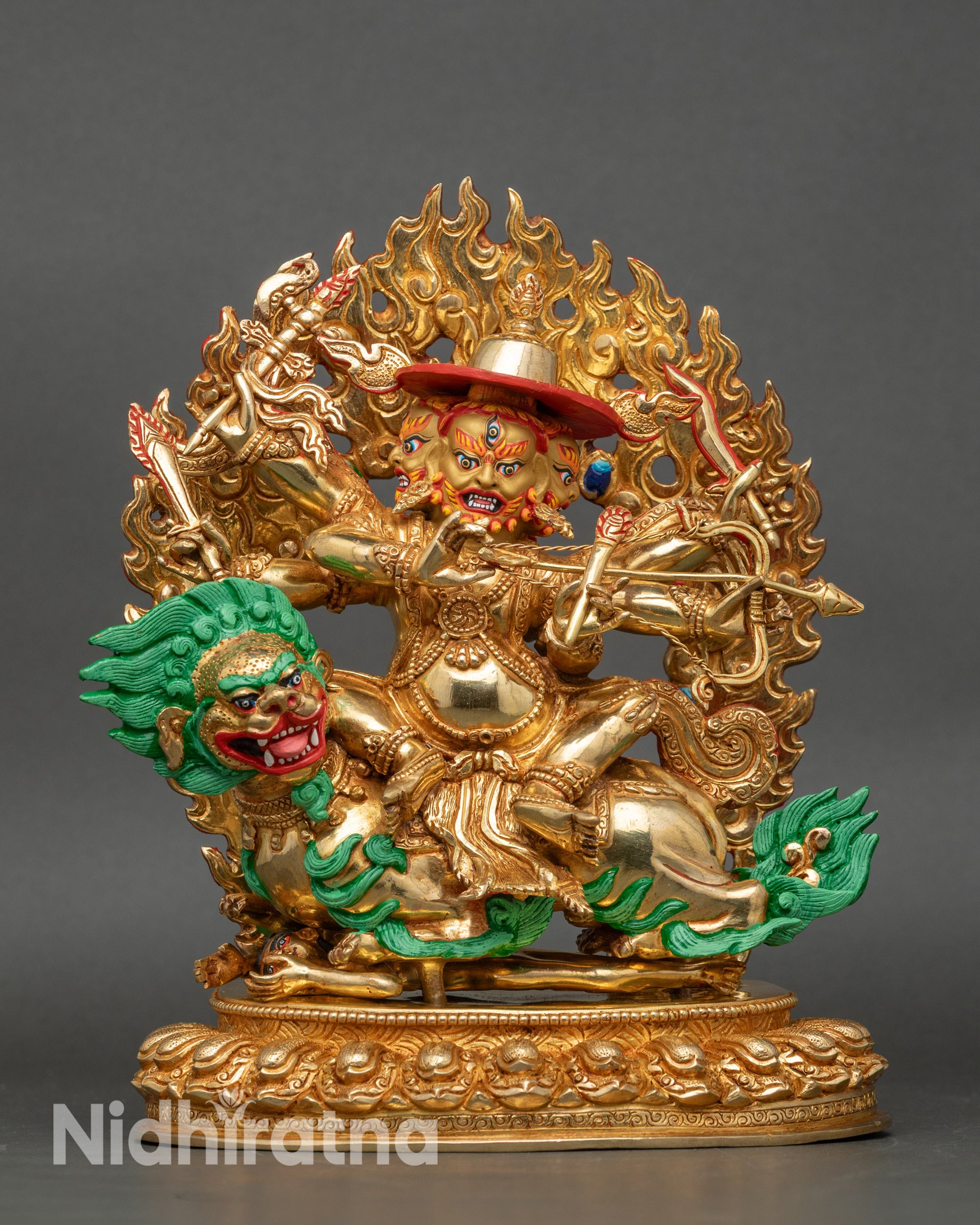 Pehar Gyalpo statue riding snow lion, 24K gold gilded Tibetan Dharma protector