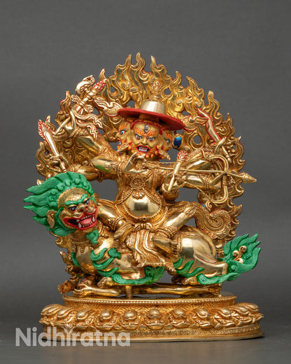 Pehar Gyalpo statue riding snow lion, 24K gold gilded Tibetan Dharma protector
