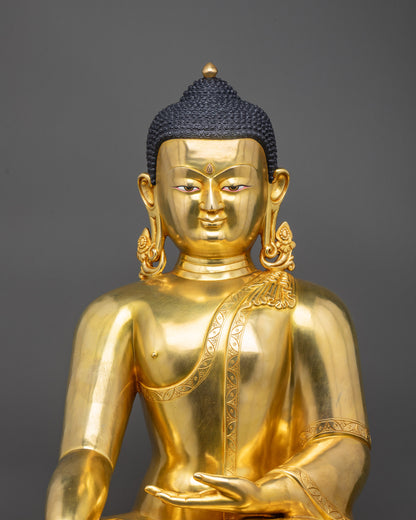 Close up shiny finish Shakyamuni Buddha statue, historical Buddha for meditation altar