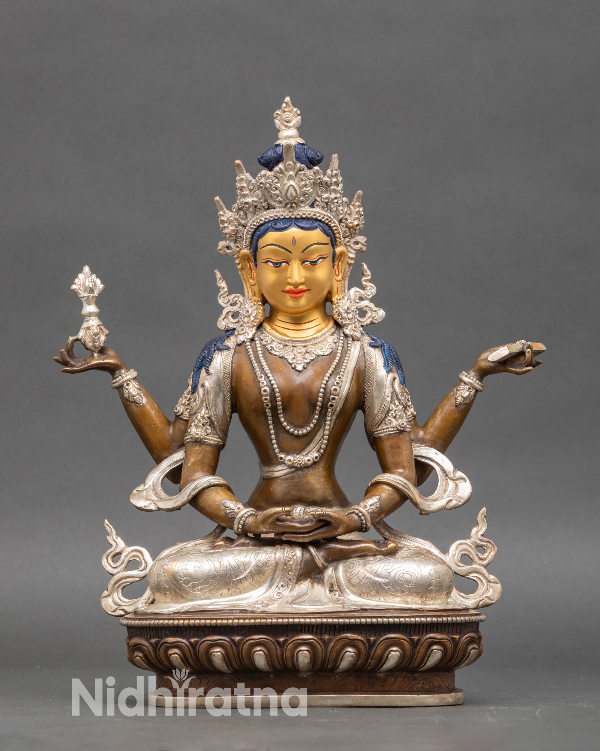 Prajnaparamita altar statue silver plated with 24K gold painted face Nepal