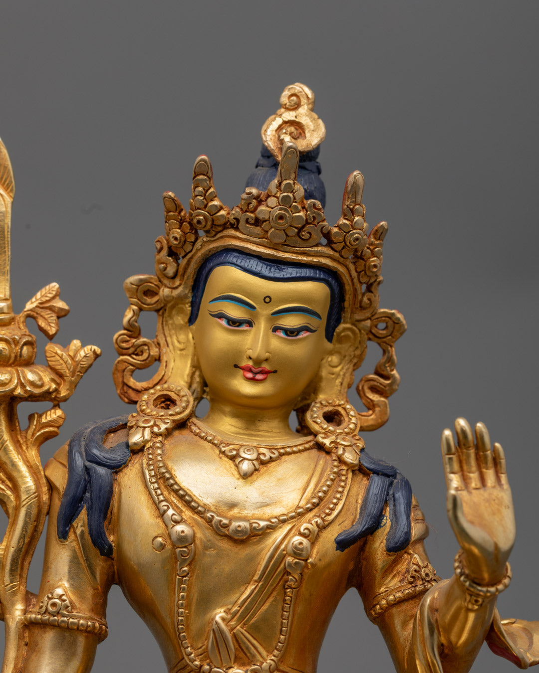 Premium Akasagarbha statue seated on an ornate lion throne with intricate carvings, colored halo, and lotus base symbolizing spiritual awakening.


