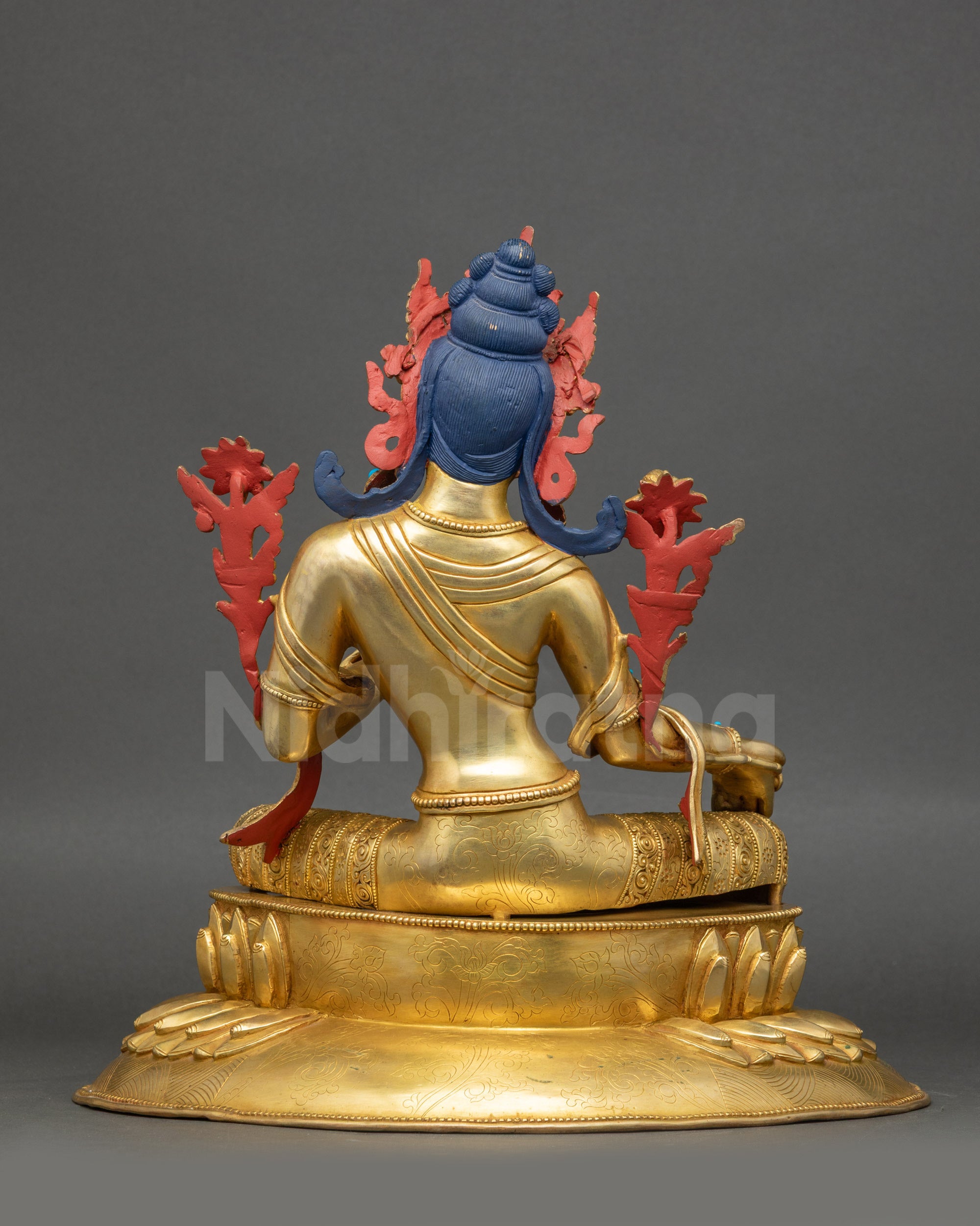 Premium Green Tara Statue back view lotus base and flowing robe details