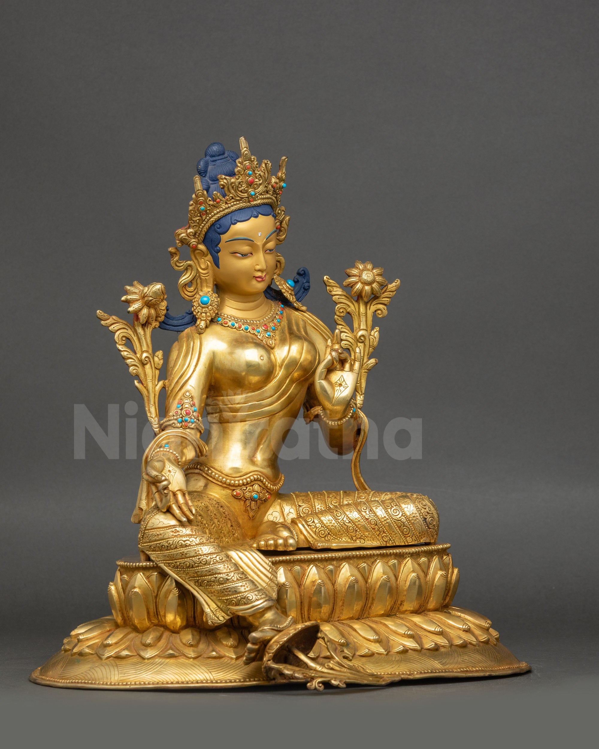 Premium Green Tara Statue right profile side view Nepalese Buddhist art