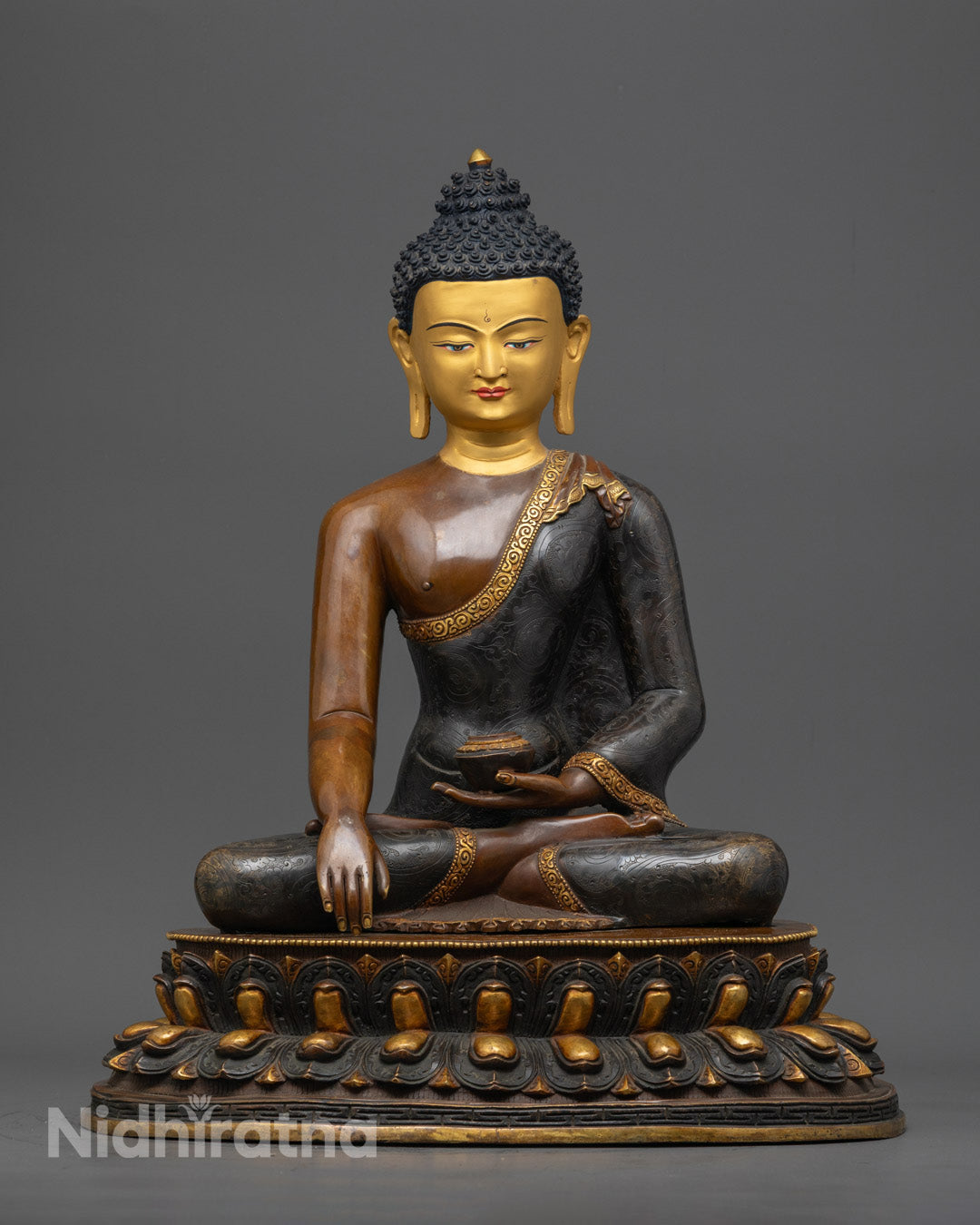Premium Oxidized Shakyamuni Buddha Statue with 24k Gold-Gilded Face and Gold-Plated Finish