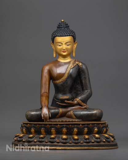 Premium Oxidized Shakyamuni Buddha Statue with 24k Gold-Gilded Face and Gold-Plated Finish