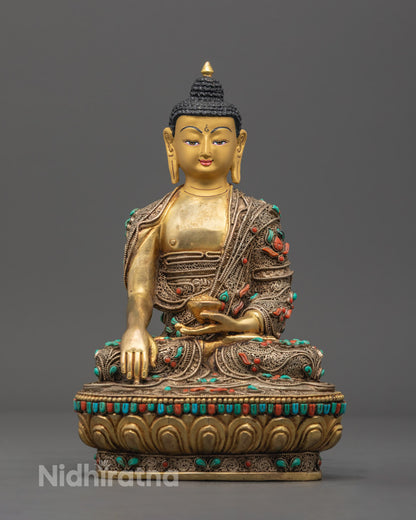 Premium Shakyamuni Buddha Sculpture with gold-gilded face and gold-fire gilding, handcrafted by Nepalese artisans.