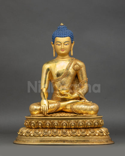 Premium Shakyamuni Buddha statue front view with gold-gilded on copper and lotus seat