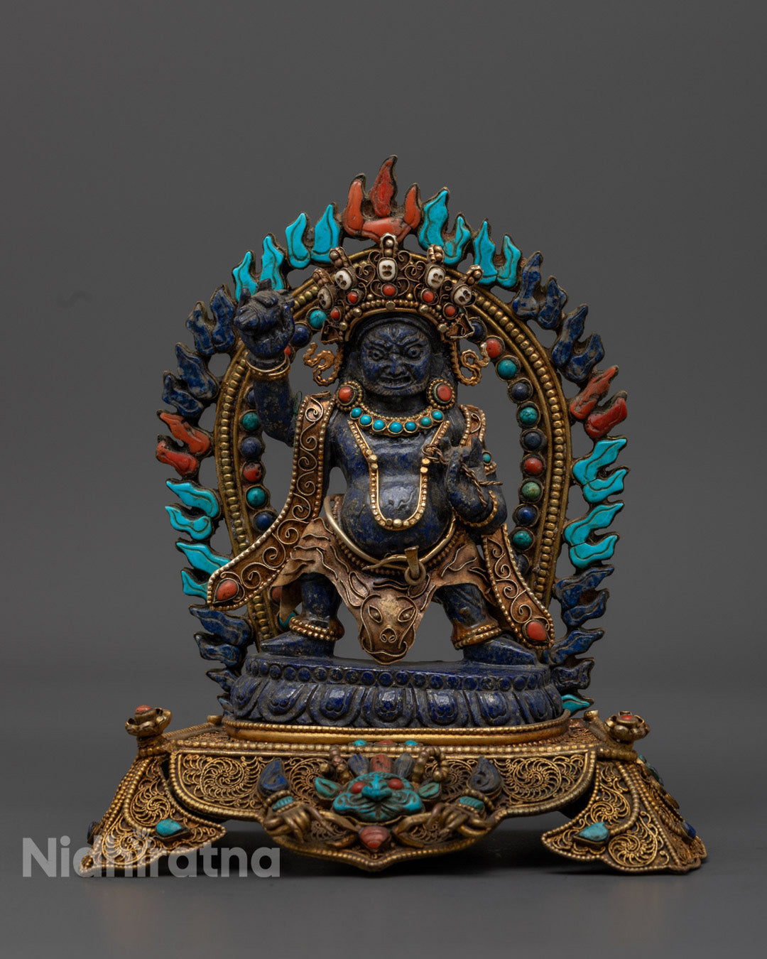 Premium Vajrapani Mahasattva statue handcrafted from black stone with vibrant acrylic painting and semi-precious stone adornments

