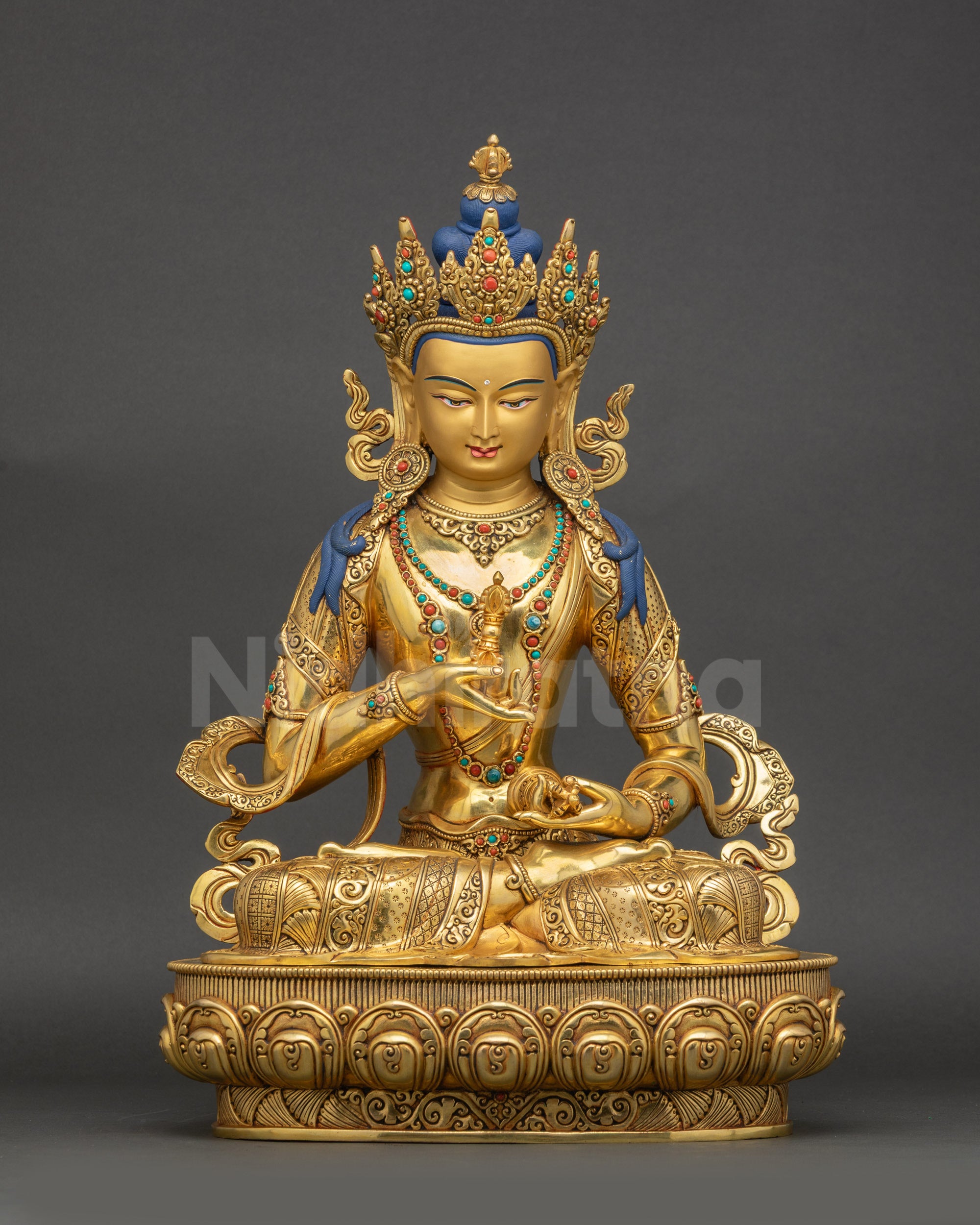 Premium Vajrasattva statue gold gilded face sitting on lotus seat Nepalese art