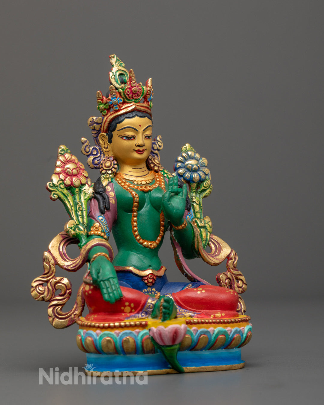 Premium copper Green-Shade Mother Tara statue standing on lotus throne with hollow section for mantra chanting