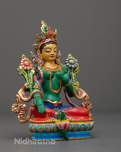 Premium copper Green-Shade Mother Tara statue standing on lotus throne with hollow section for mantra chanting