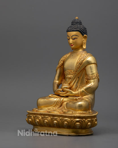 Amitabha Buddha in Dhyana mudra meditation posture, seated on intricately carved double lotus throne with gold leaf accent