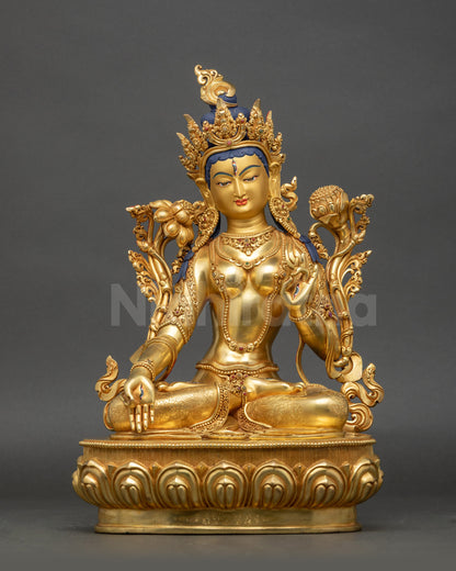 Pure Liberator White Tara Statue front view with lotus pedestal and gold accents