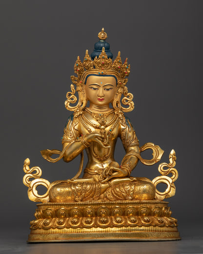 Purifying Vajrasattva statue gold fire gilded with 24K gold painted face seated on lotus throne