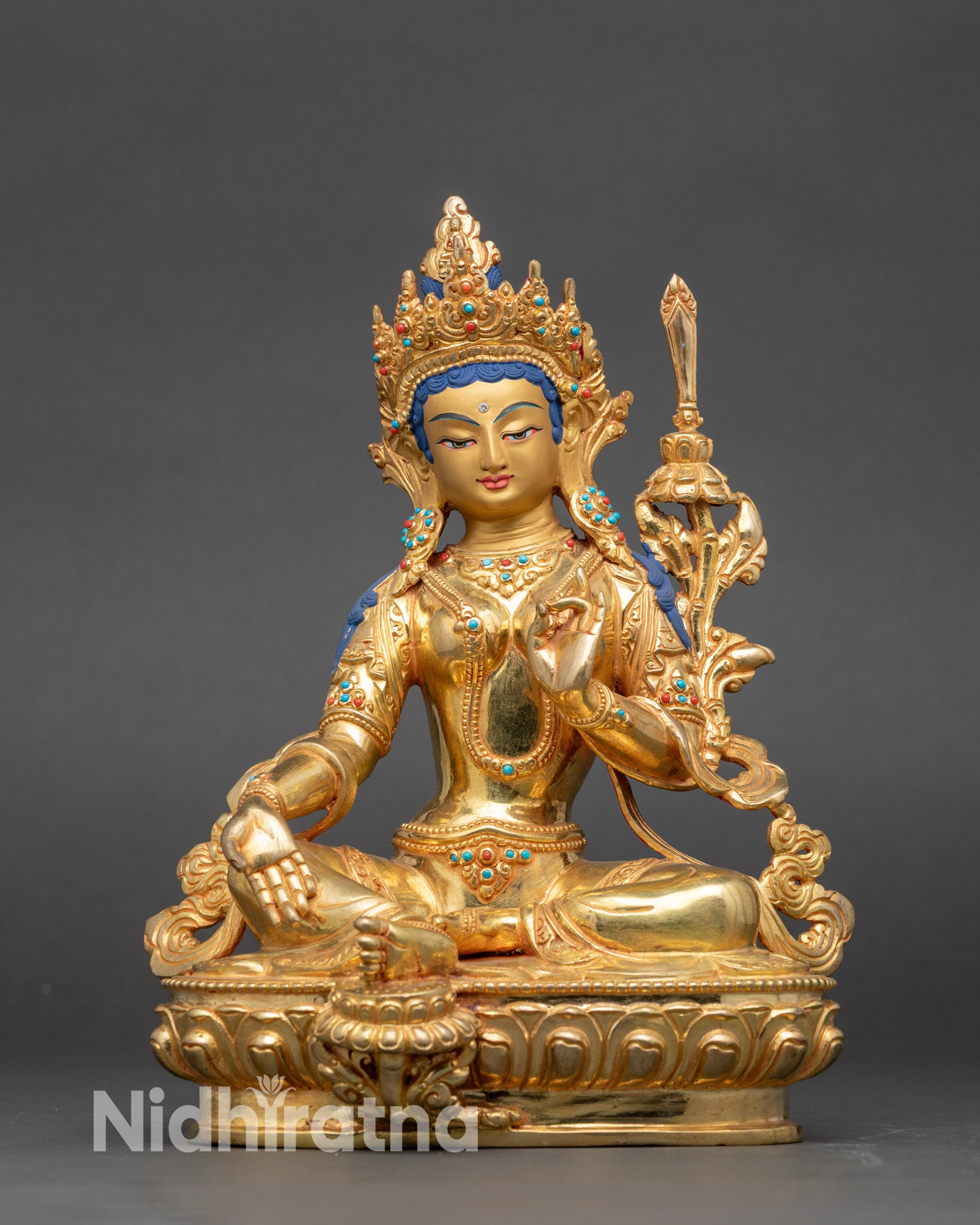 Rabzhima statue back view, showing engraved lotus seat and gilded finishing details