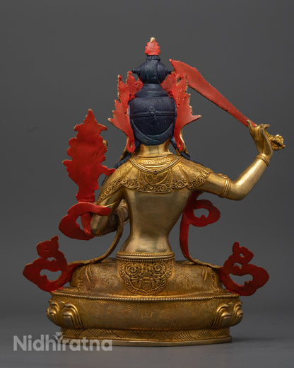 Radiant 24K gold gilded Manjushri Bodhisattva statue, beautifully crafted with copper and intricate detailing, symbolizing wisdom and enlightenment