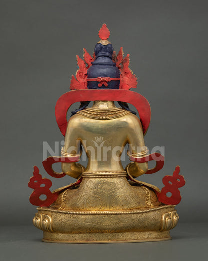 rear view of Amitayus Buddhist statue with flowing robe and intricate back detailing