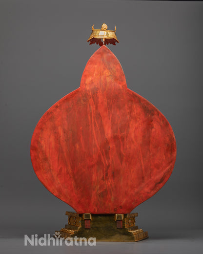 Rear image of 1000-Armed Avalokiteshvara statue revealing ornate halo design
