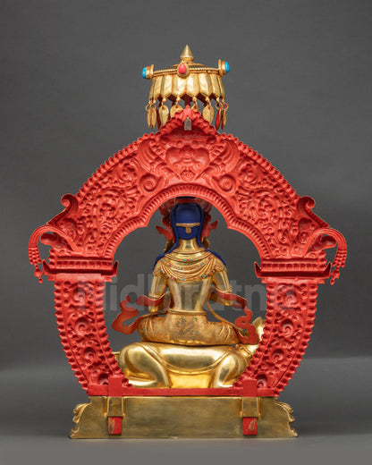 Rear view of Samantabhadra statue highlighting detailed robe carvings and halo