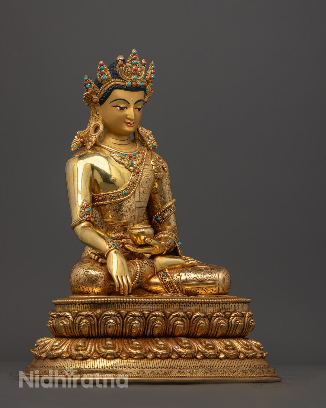 Rear view of Shakyamuni Buddha statue showing intricate halo and consecrated hollow chamber for mantras, crafted using the traditional lost wax method.