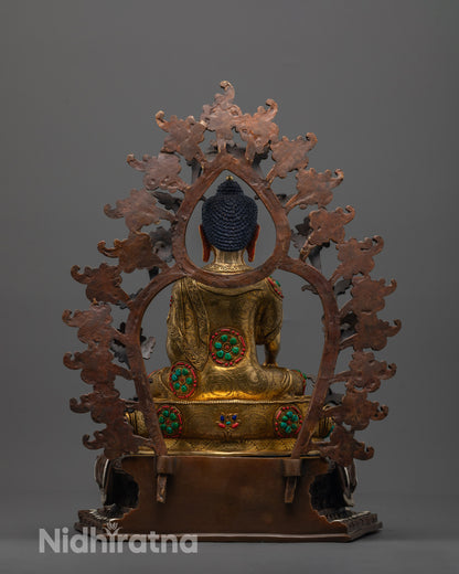 Rear view of copper Shakyamuni Buddha Statue highlighting the hollow chamber
