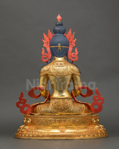 Rear view showing lotus pedestal and engraved sacred mantra on Amitayus statue