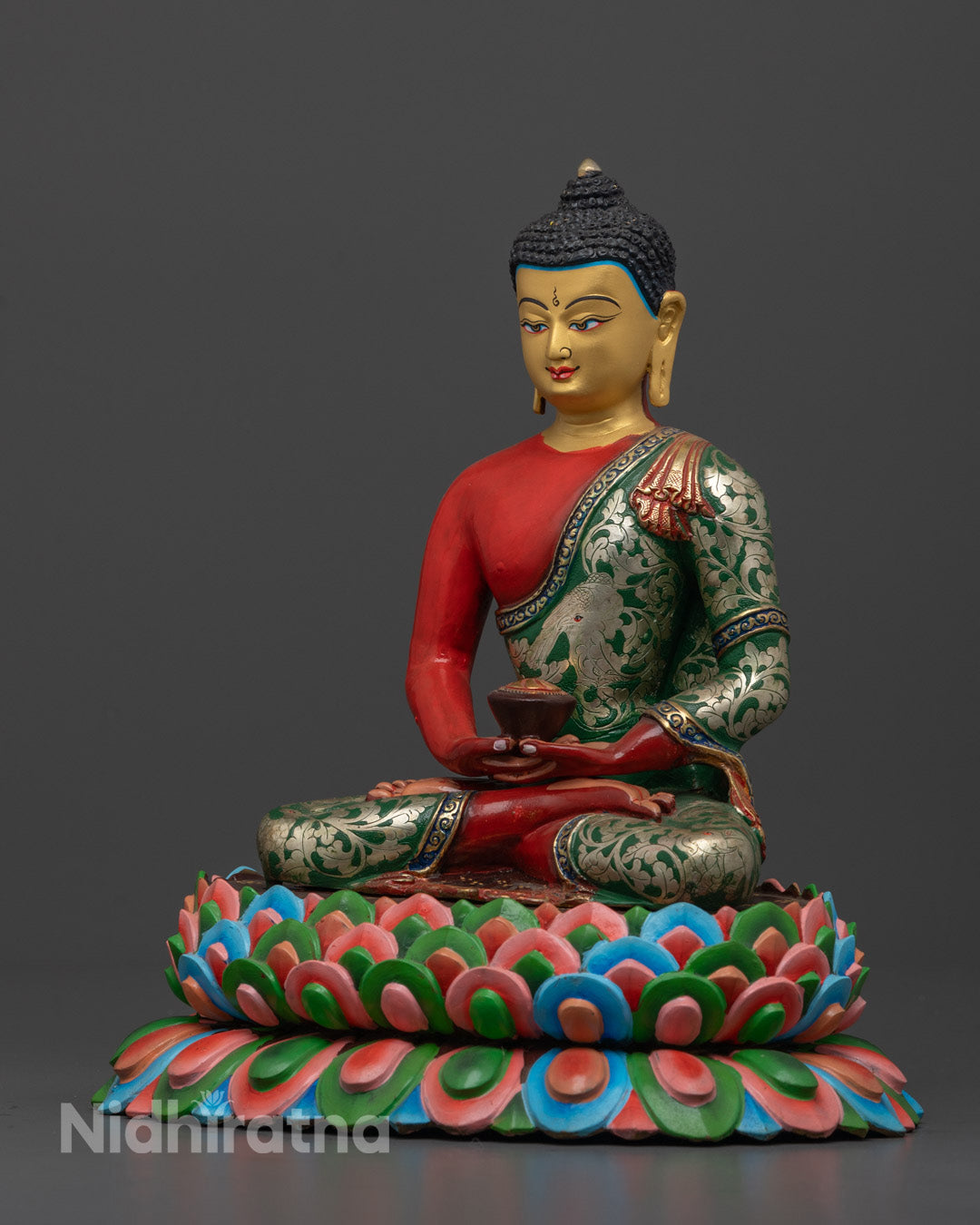 Red Amitabha Buddha seated on a vibrant multicolor lotus throne, symbolizing purity and spiritual awakenin.
