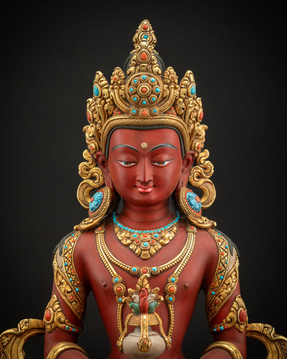 Red Amitayus Masterpiece Statue close-up showing gold-gilded robe and serene expression
