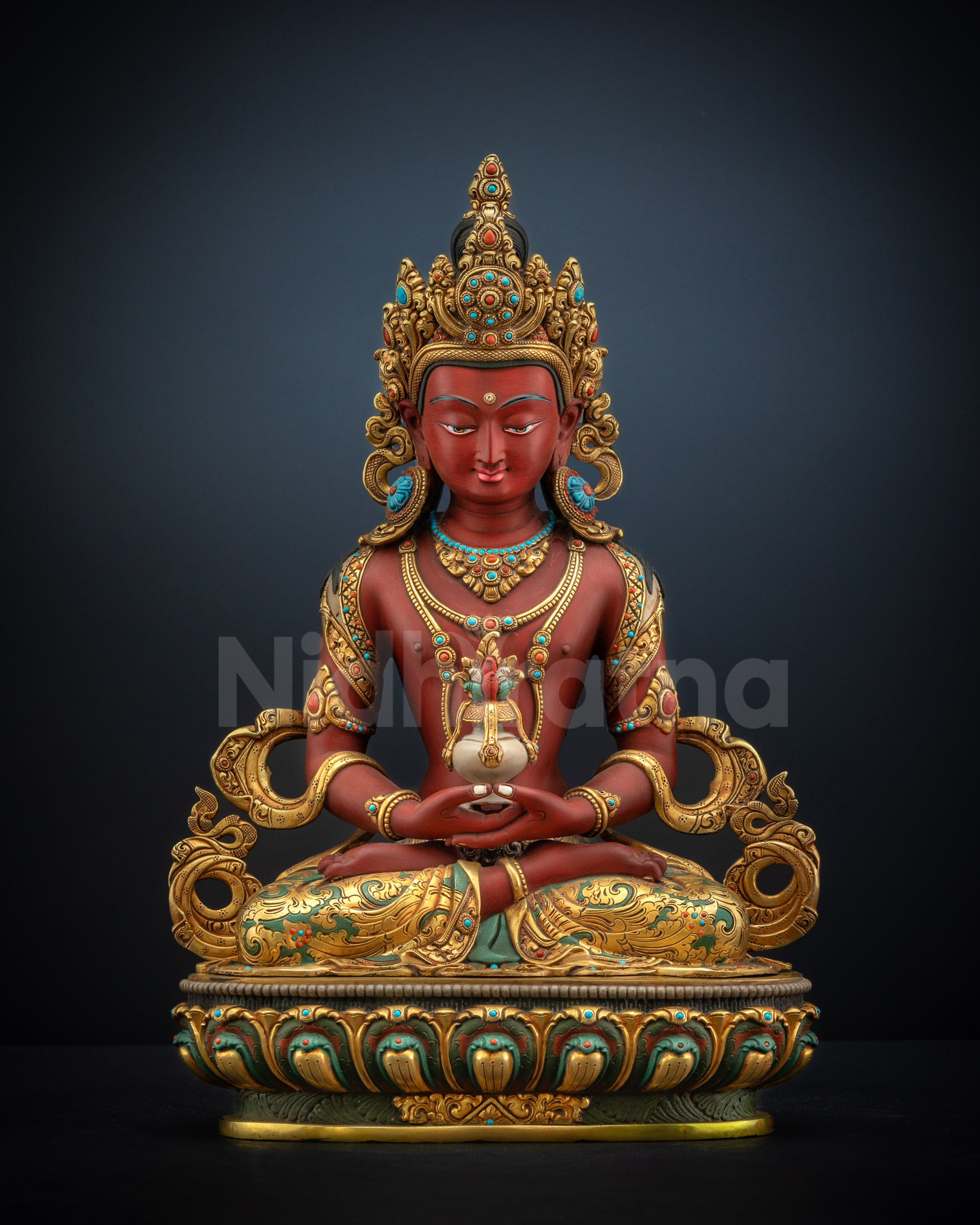 Red Amitayus Masterpiece Statue hand-painted copper Buddha with gold-gilded robe and lotus pedestal