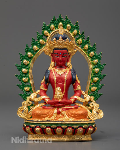 Red Coloured Amitayus Buddha Statue with gold-plated face and intricate five-jeweled crown